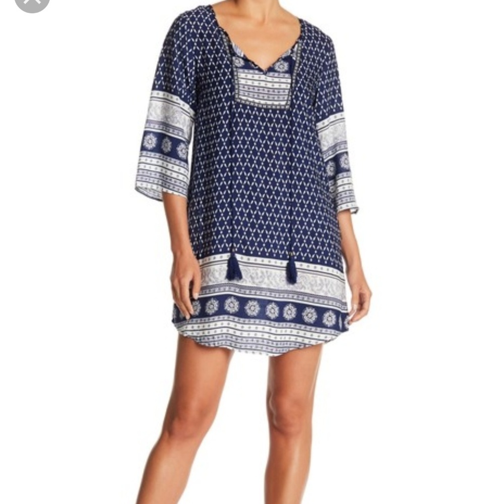 Papillon blue white print mini tunic dress Small